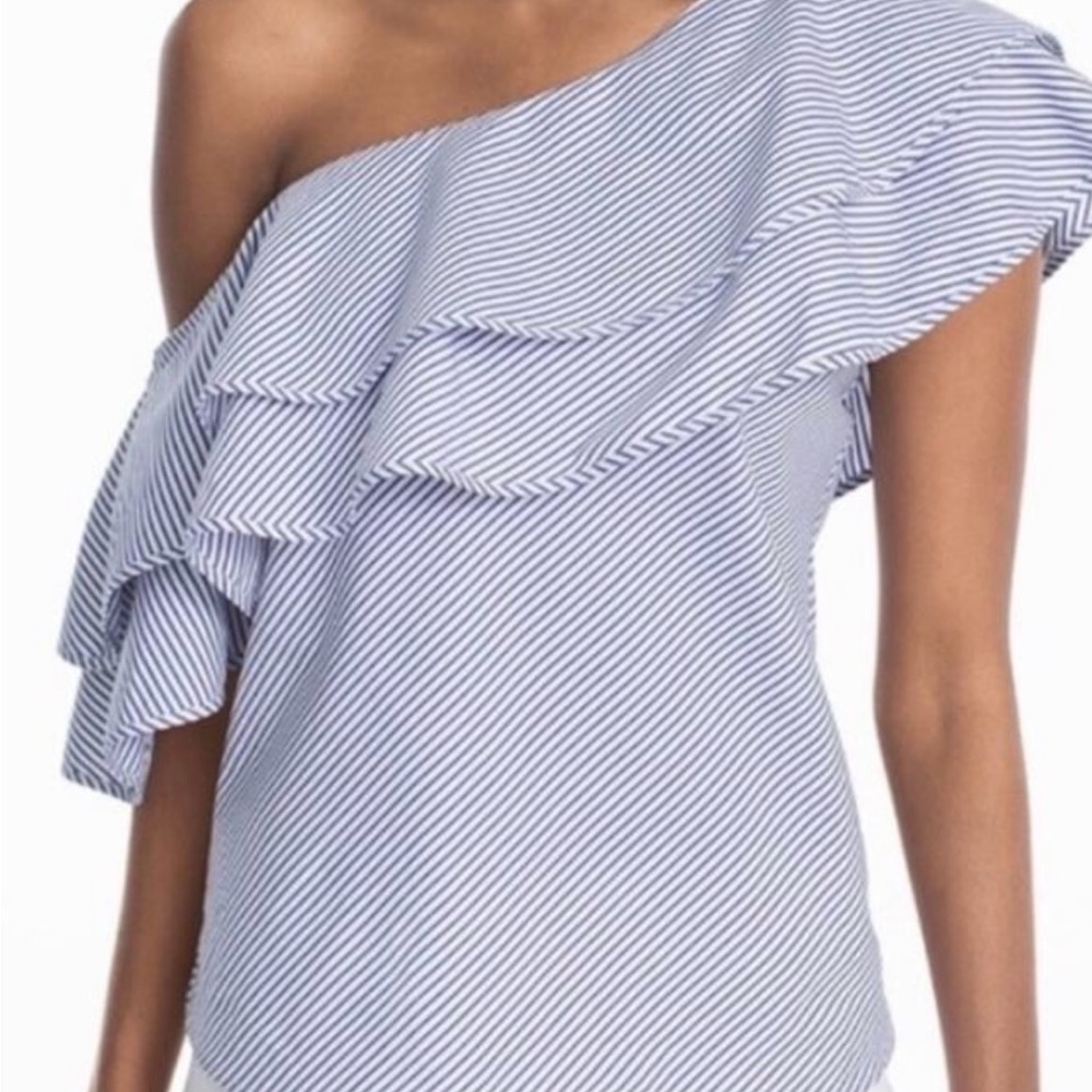 White House Black Market White and Blue One Shoulder Ruffle Blouse | size 8